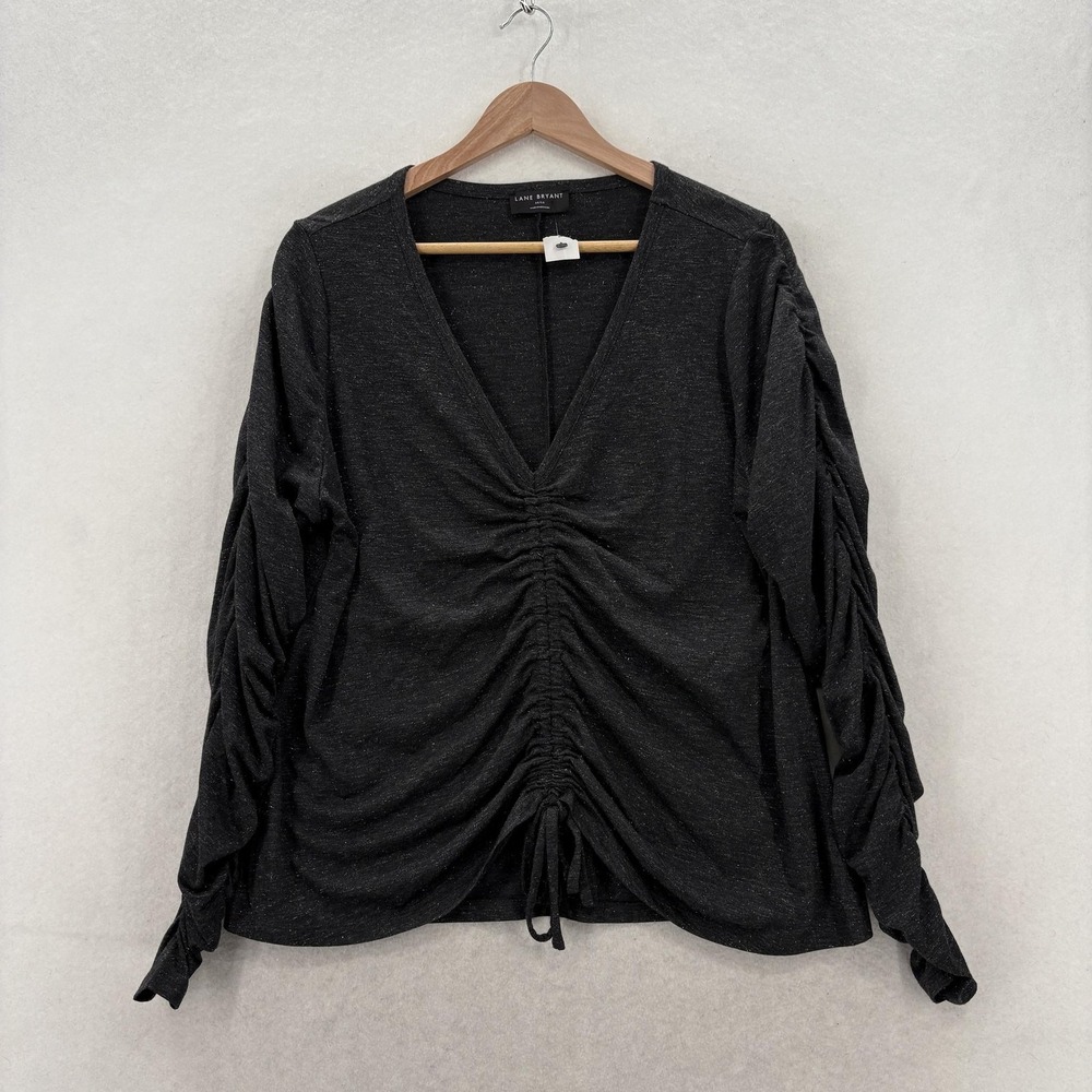 Lane Bryant Shirt Womens 14/16 Black Ruched Front V Neck Long Sleeve Top Casual